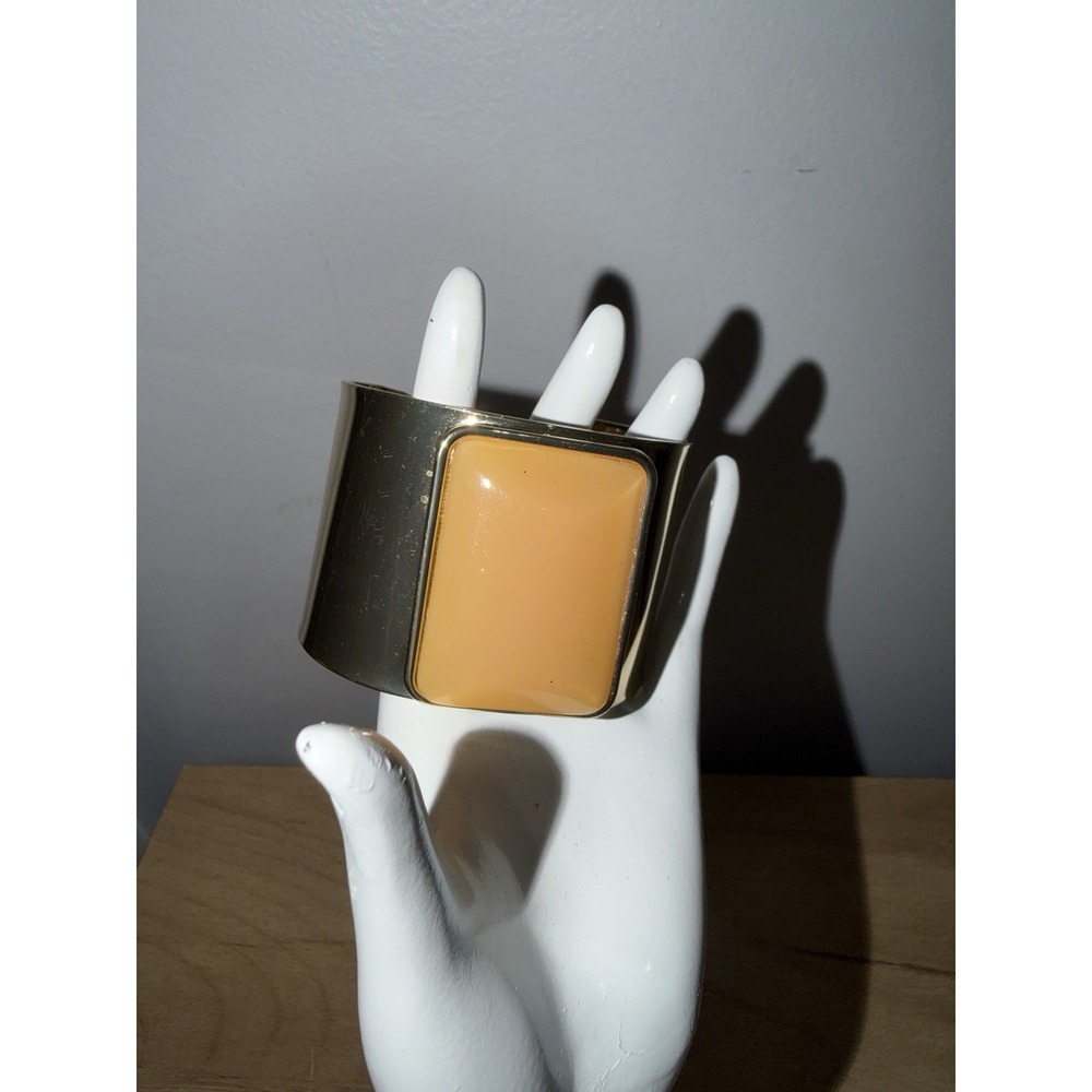 Avon Vintage Gold‎ Tone Metal Wide Cuff Bracelet With Cream Lucite Square 7"